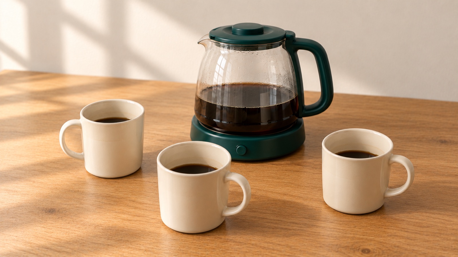 A glass coffee pot on a warming plate and three mugs of coffee on the desk.