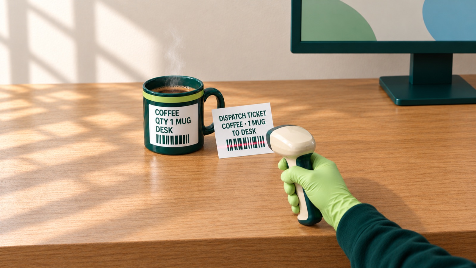A steaming mug on the desk beside a DISPATCH TICKET, whose barcode a gloved hand is scanning.