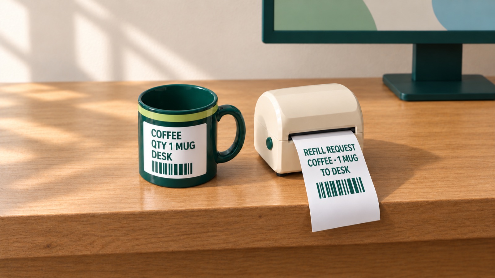 An empty green mug labelled COFFEE, QTY 1 MUG, DESK beside a cream label printer whose REFILL REQUEST ticket hangs over the edge of the desk.