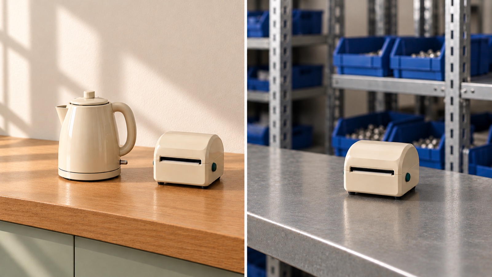 Split picture: a kitchen worktop with a kettle and label printer, and a factory stores counter with the same printer in front of shelves of blue bins.