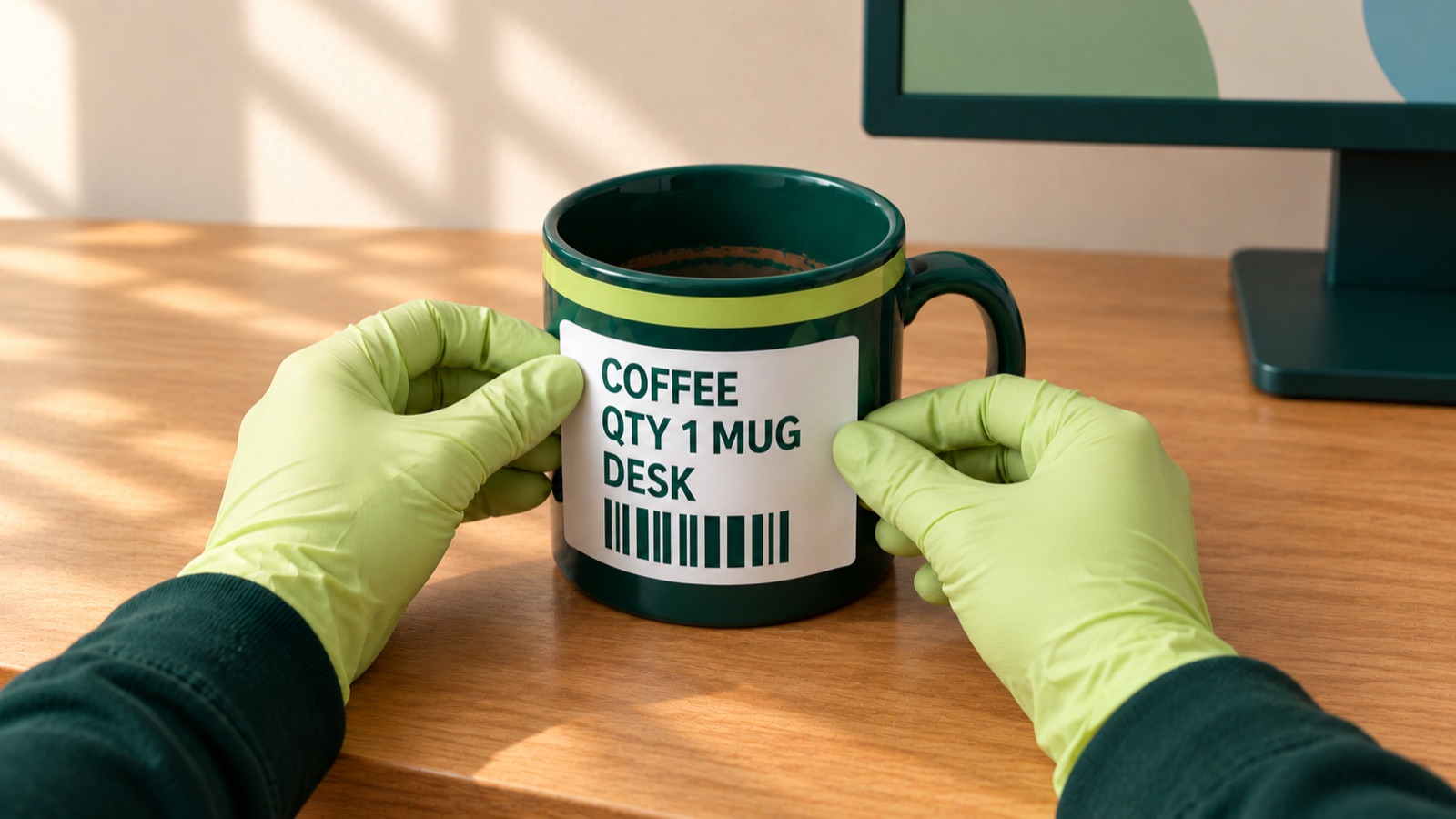 Two lime-gloved hands press a white card reading COFFEE, QTY 1 MUG, DESK onto a green mug.