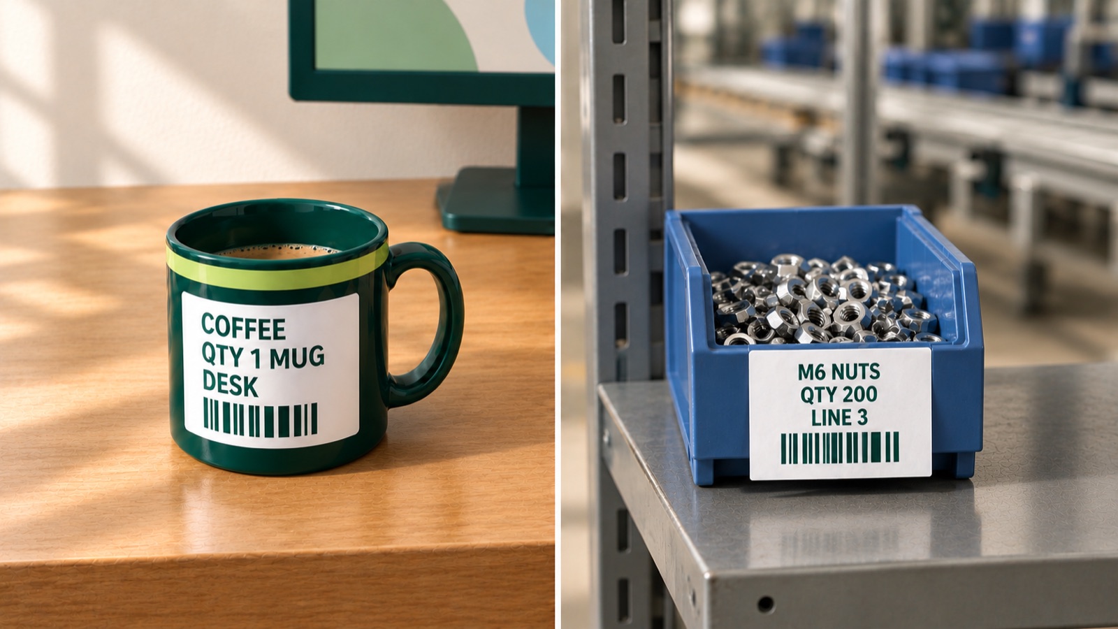Split picture: the labelled mug on a desk, and a blue bin of nuts on a steel rack with a card reading M6 NUTS, QTY 200, LINE 3.