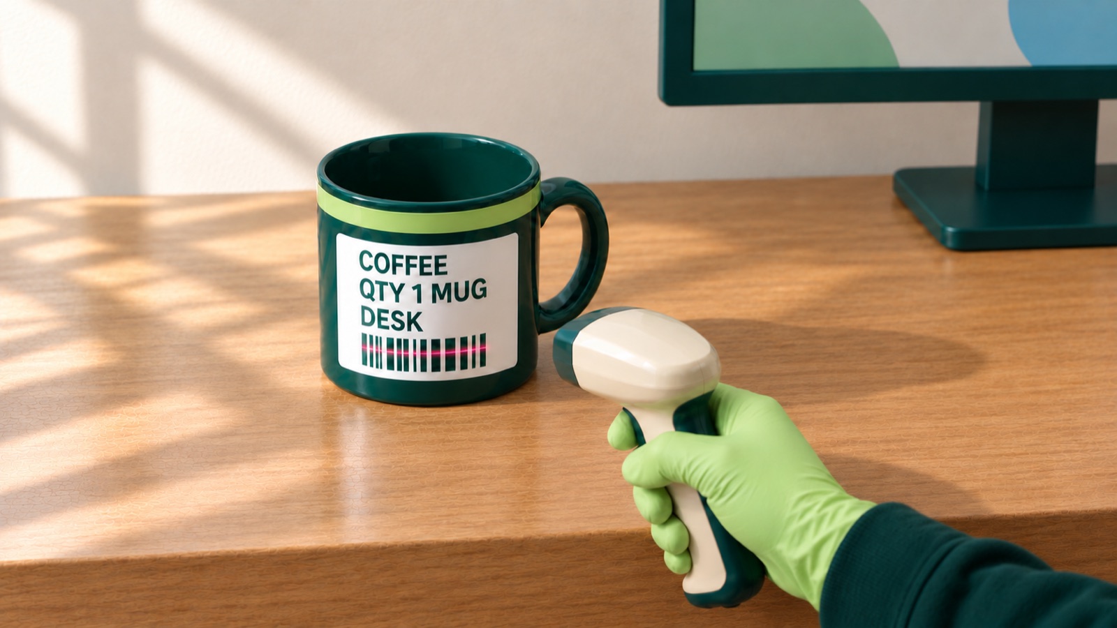 A lime-gloved hand aims a cream barcode scanner at the card on an empty green mug.
