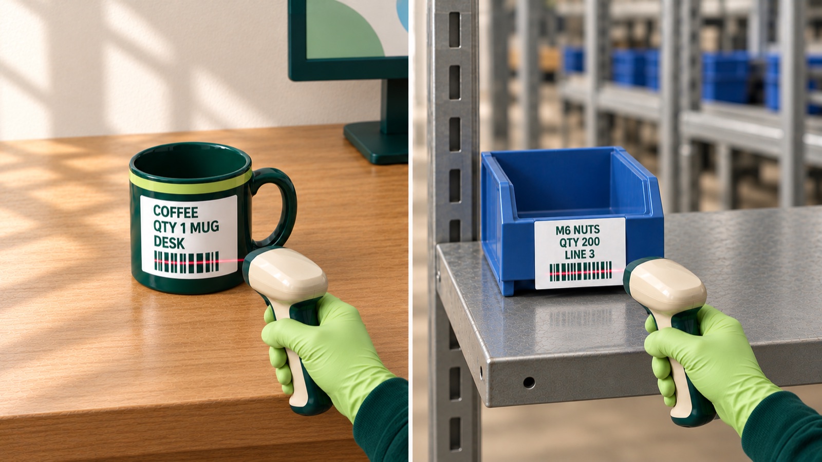 Split picture: a scanner reads the card on an empty mug, and the same scanner reads the card on an empty blue parts bin.