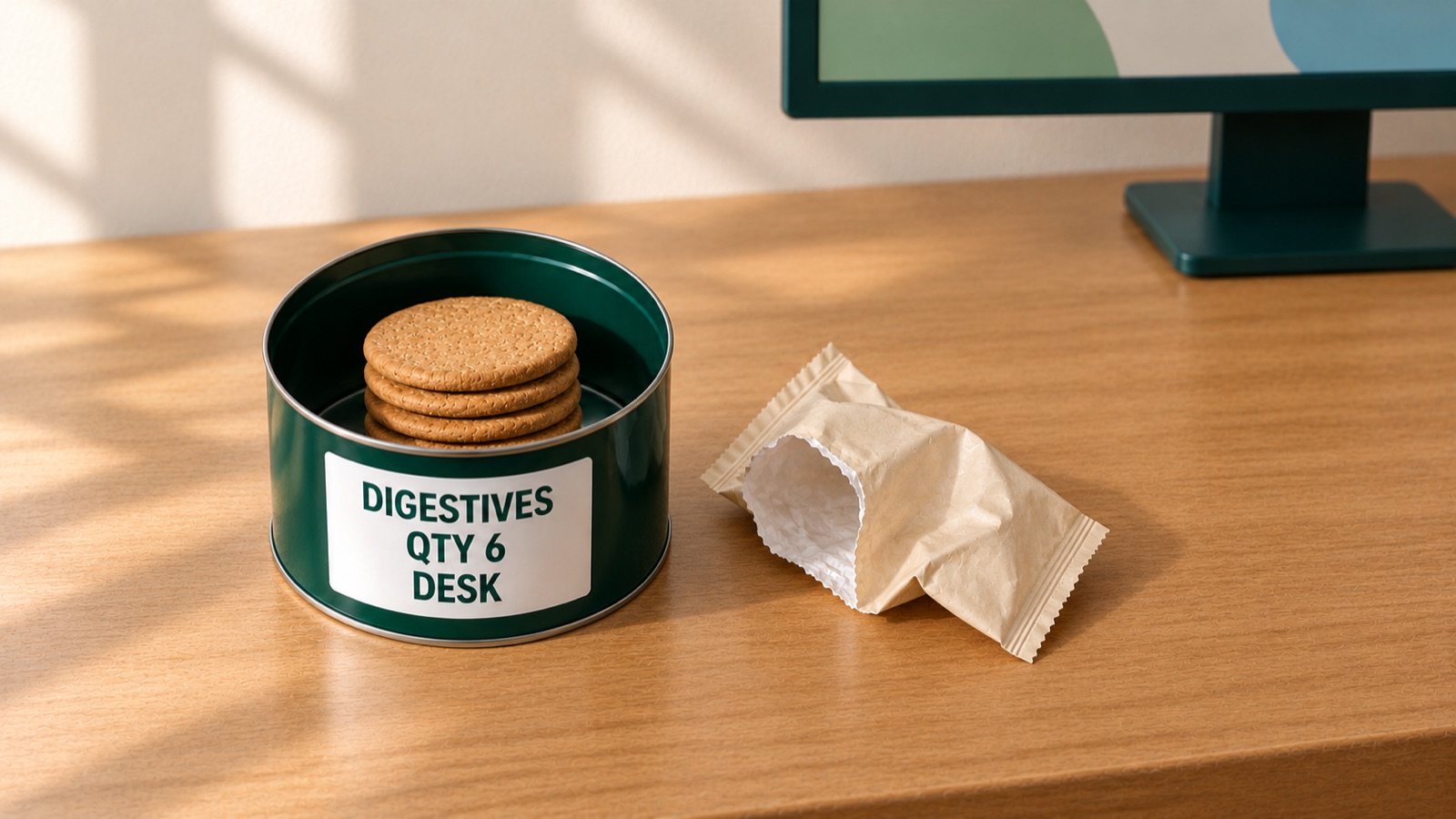 An open tin holding four digestives, short of the six on its card, beside an empty crumpled packet.