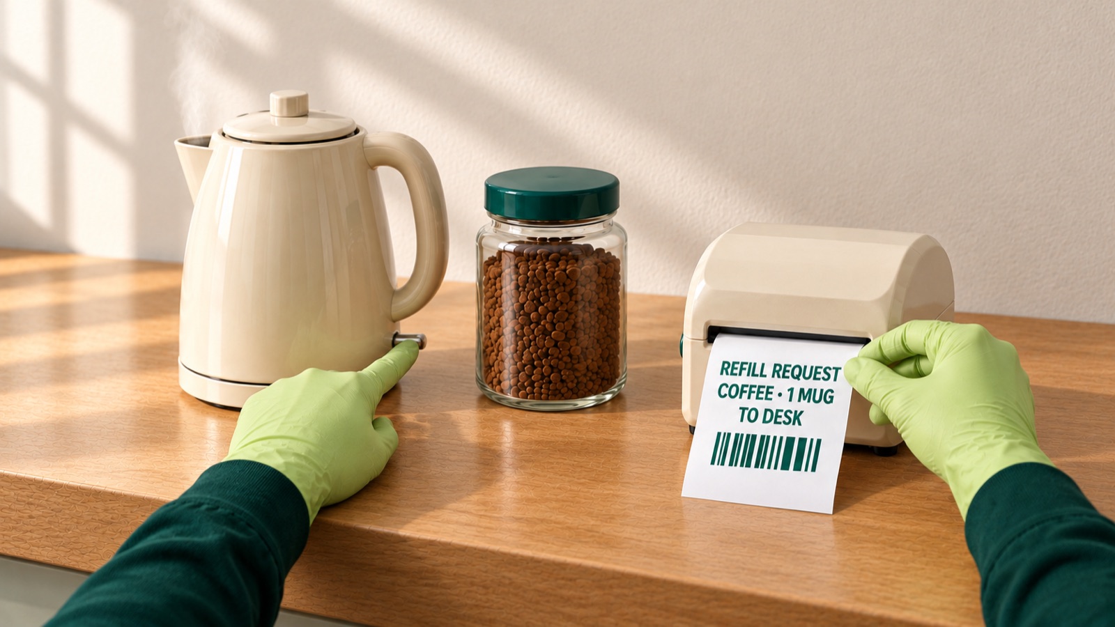 Lime-gloved hands switch on the kettle and pull the REFILL REQUEST ticket from the kitchen printer.