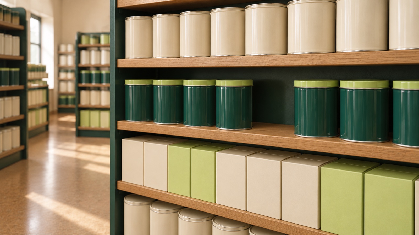 A shop shelf of plain tins and boxes with one tin-sized gap.
