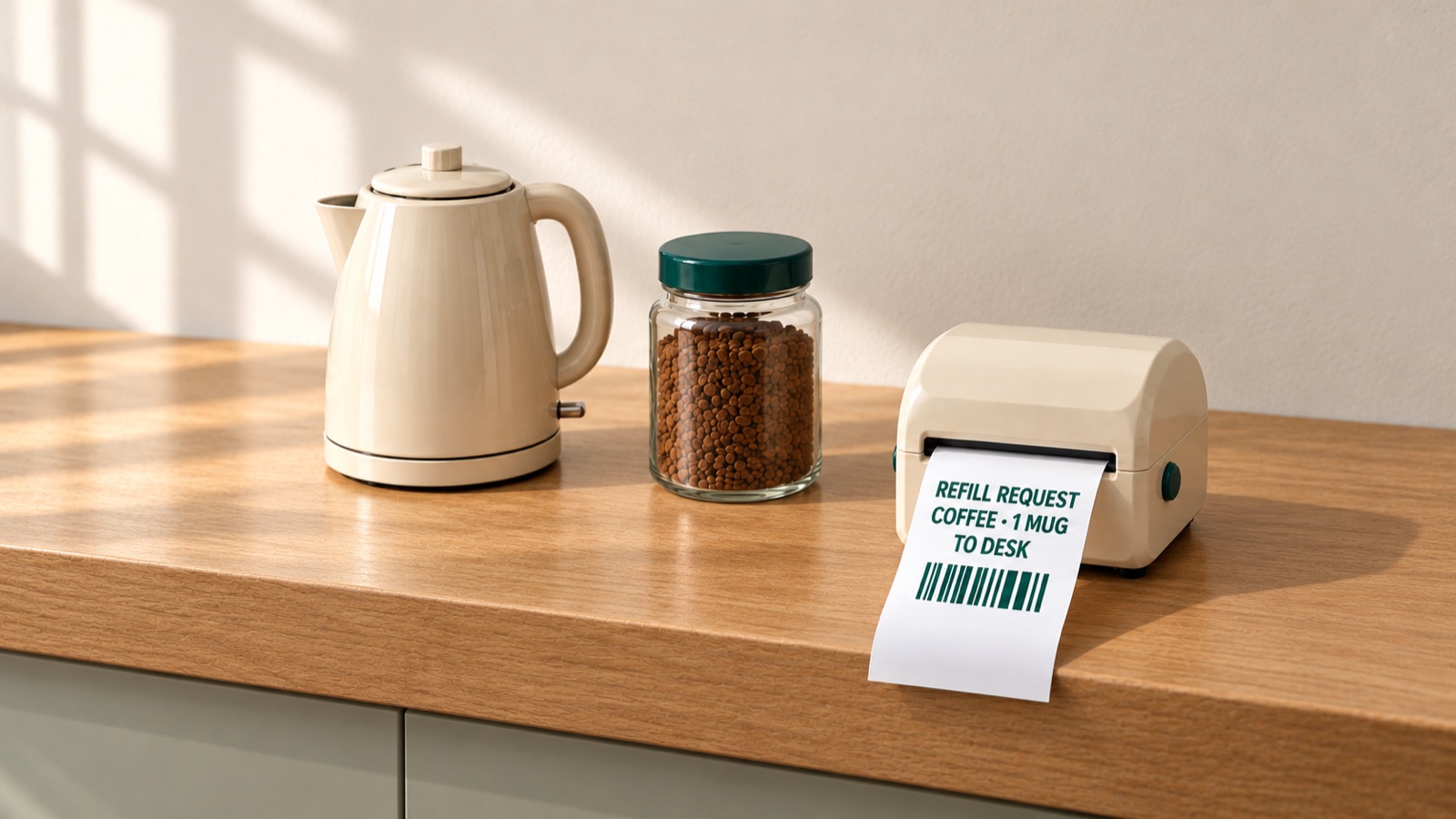 In an empty kitchen, a cream label printer feeds out a REFILL REQUEST ticket beside a kettle and a jar of coffee.