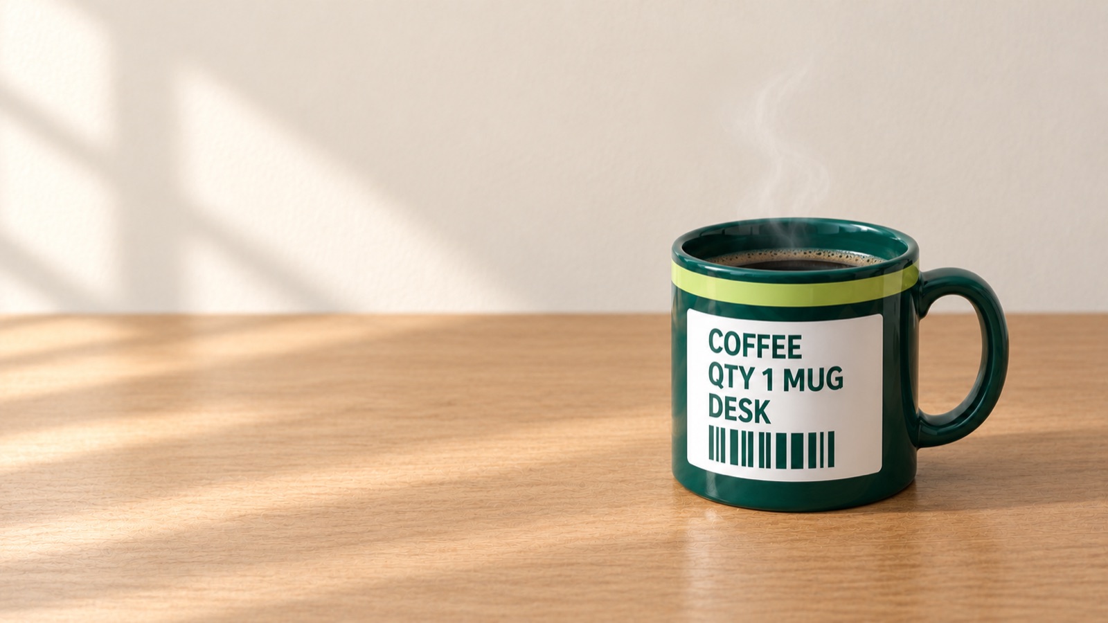 A full, steaming green mug on the desk.
