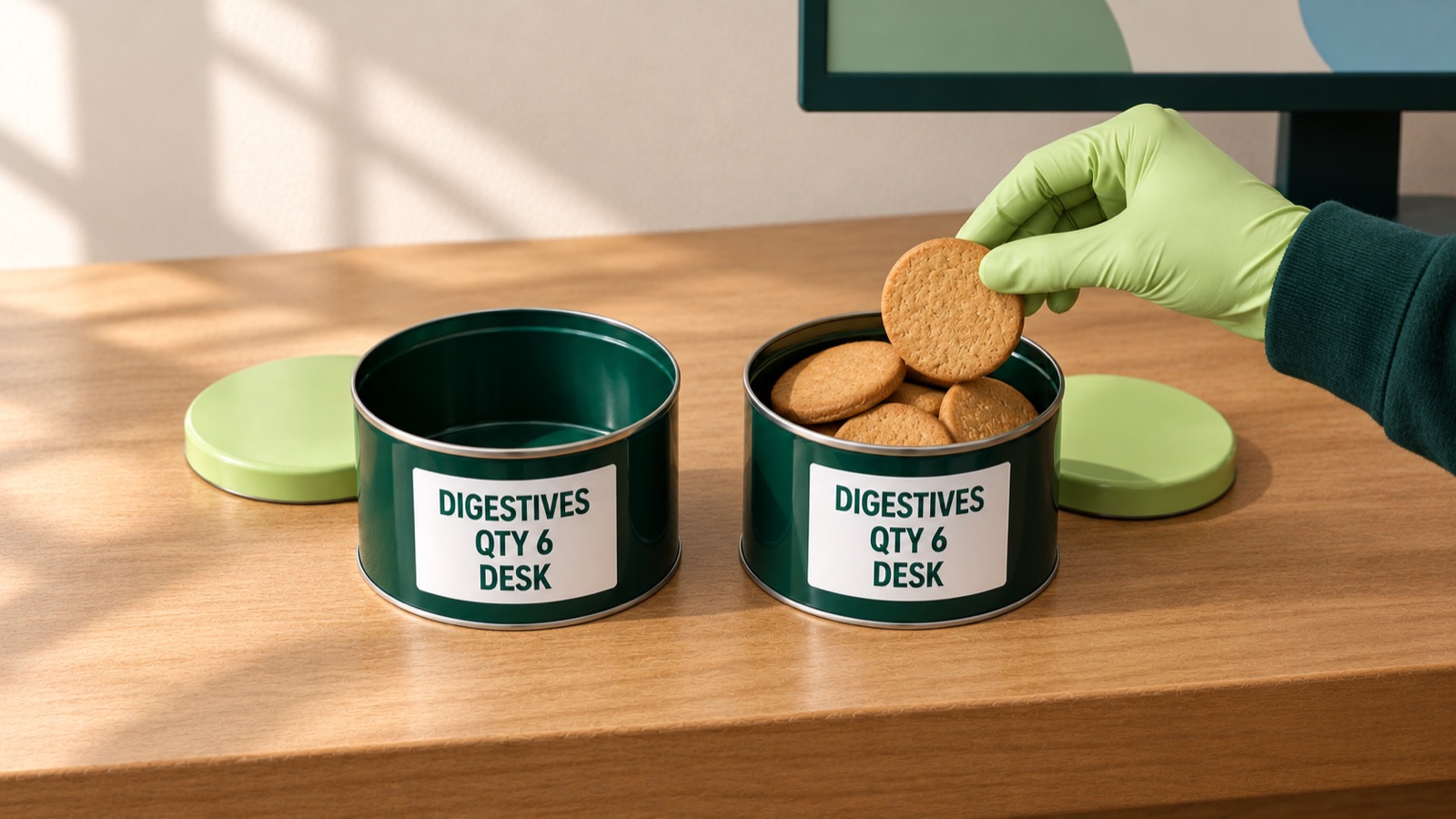 Two green tins labelled DIGESTIVES, QTY 6, DESK. One is empty; a gloved hand takes a biscuit from the other.