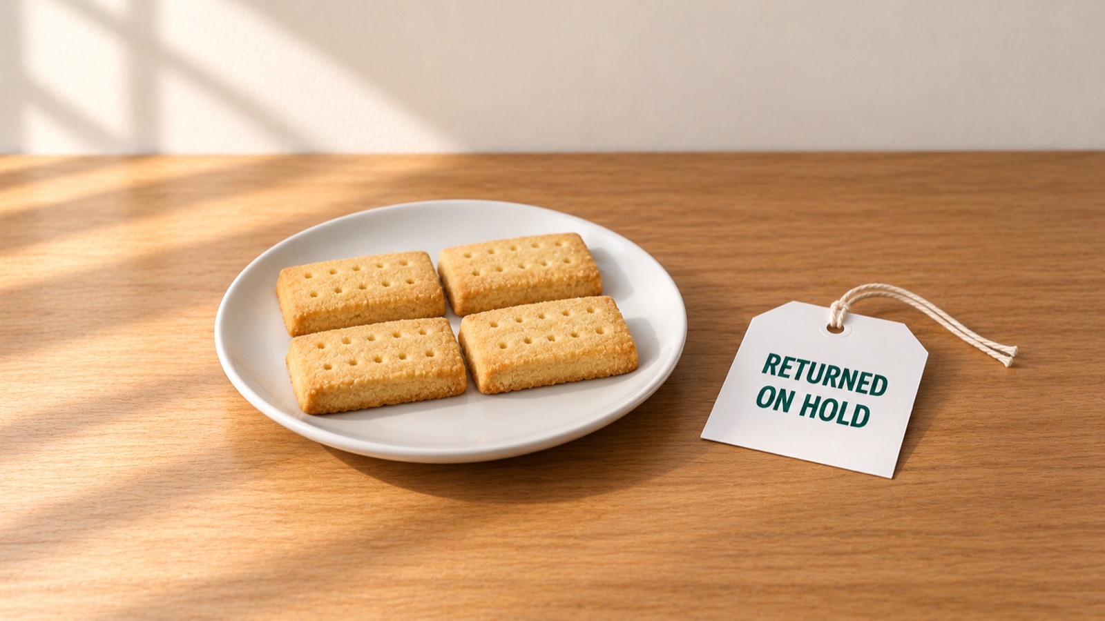 Four shortbread fingers on a white plate beside a tag reading RETURNED, ON HOLD.