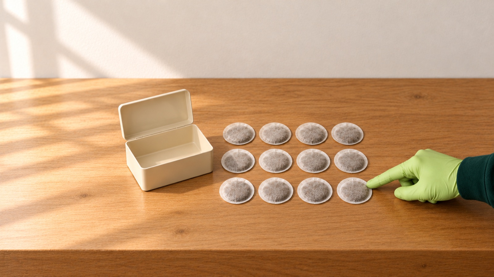 Twelve round teabags laid out in three rows of four beside an empty box, with a gloved finger pointing at the last one.