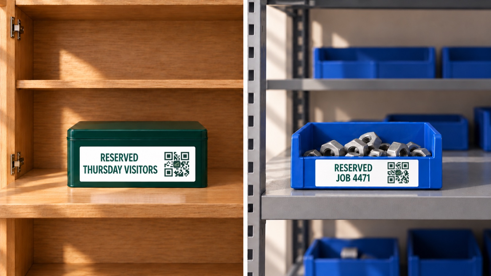 Split picture: the reserved biscuit tin on a kitchen shelf, and a blue bin of nuts on steel racking labelled RESERVED, JOB 4471.