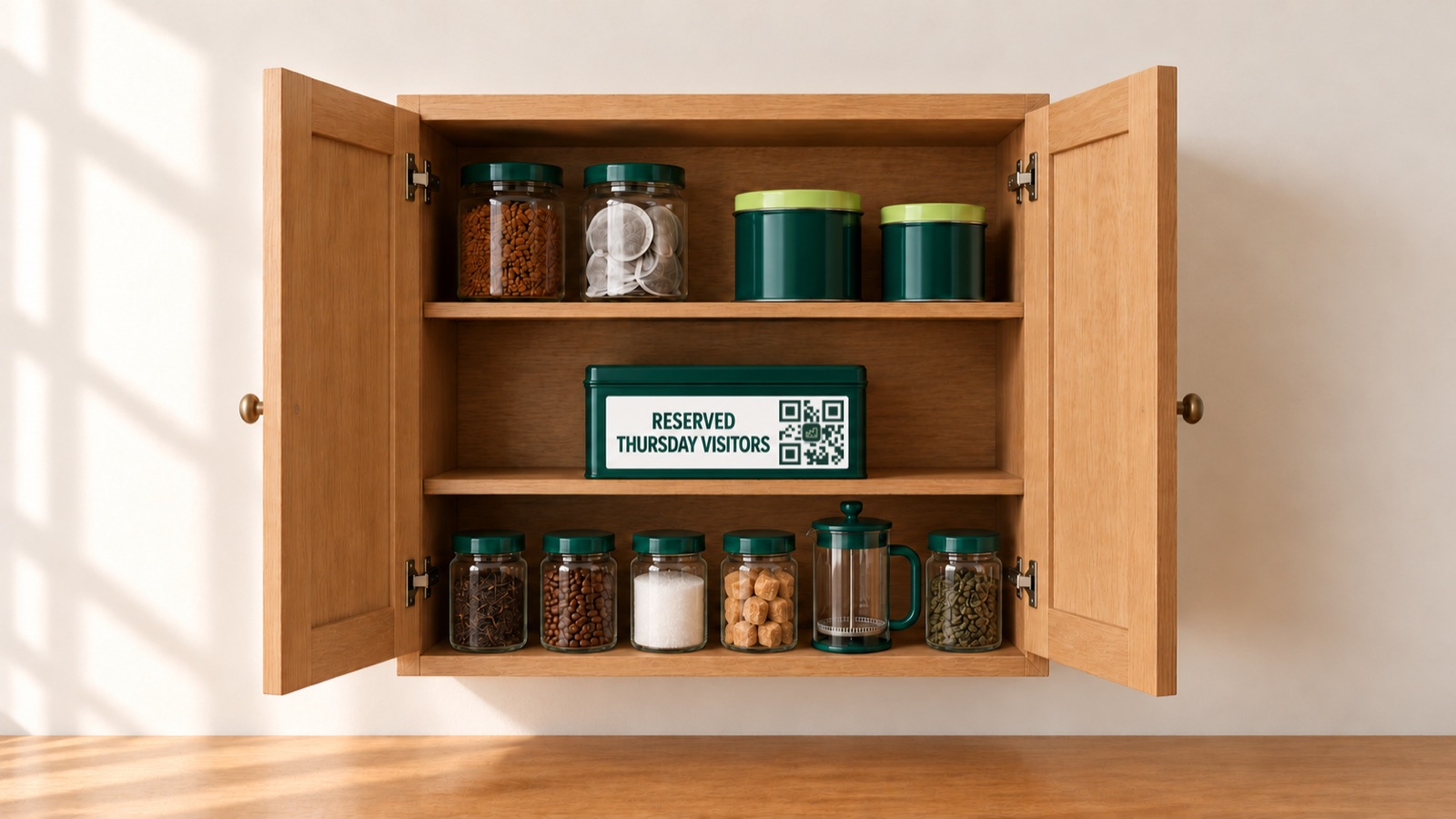 An open oak kitchen cupboard of plain jars and tins, with a green biscuit tin on the middle shelf labelled RESERVED, THURSDAY VISITORS with a QR code.