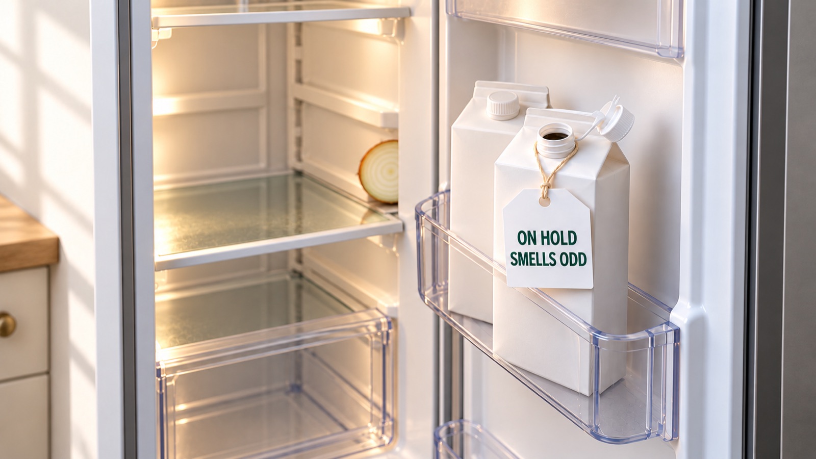 Two milk cartons in the fridge door: the open one at the front tagged ON HOLD, SMELLS ODD, a new one behind it, and half an onion on a shelf inside.