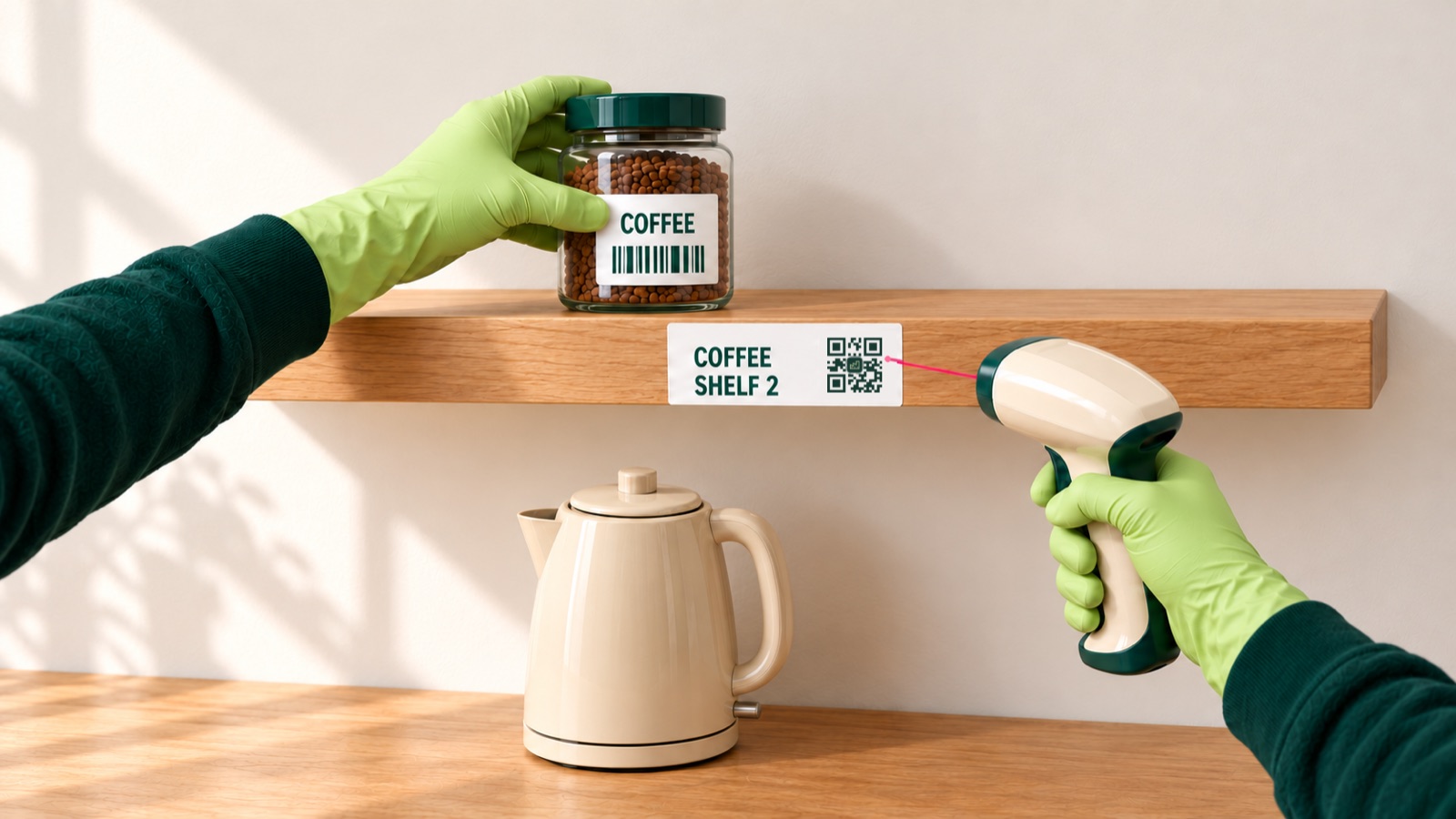 A gloved hand puts the coffee jar on an open shelf above the kettle while a scanner reads the QR code on the shelf label COFFEE, SHELF 2.