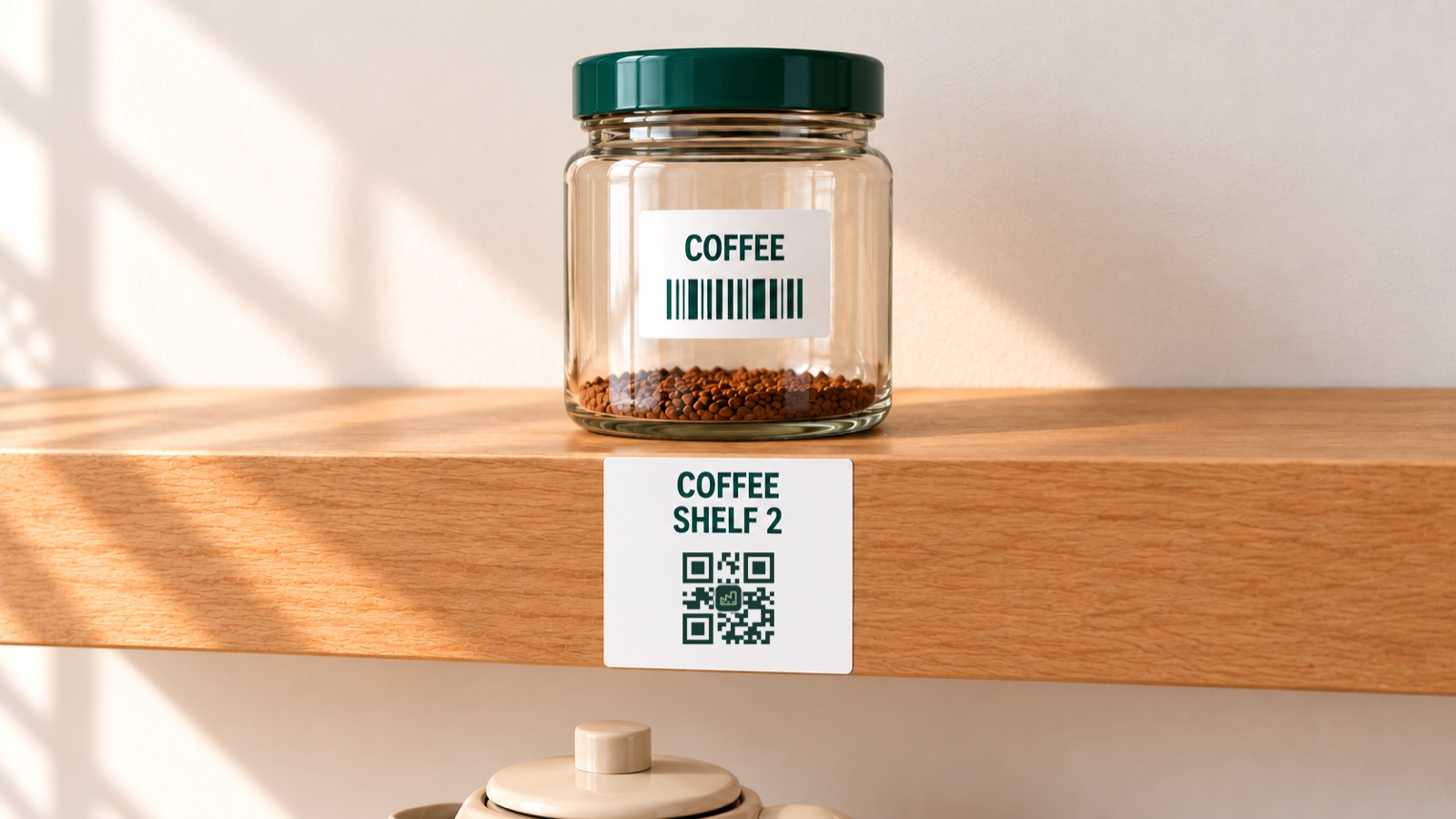 A nearly empty coffee jar on an open shelf above the label COFFEE, SHELF 2 with its QR code.