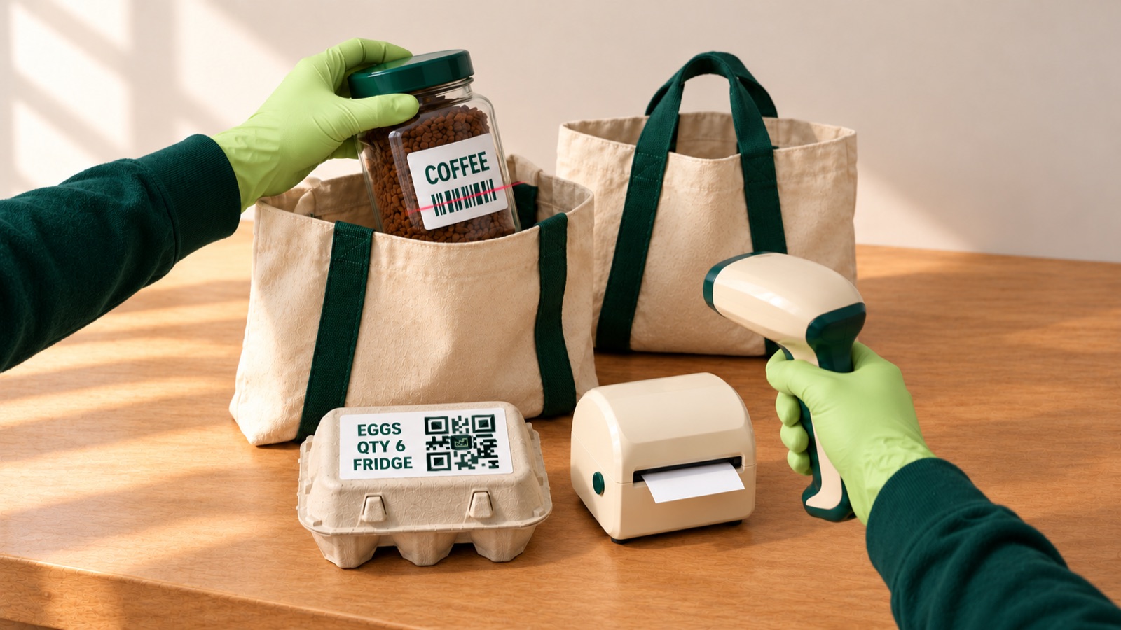 Lime-gloved hands lift a jar labelled COFFEE out of a cloth shopping bag and scan its barcode, beside an egg box with a printed label, EGGS, QTY 6, FRIDGE and a QR code, and a cream label printer.
