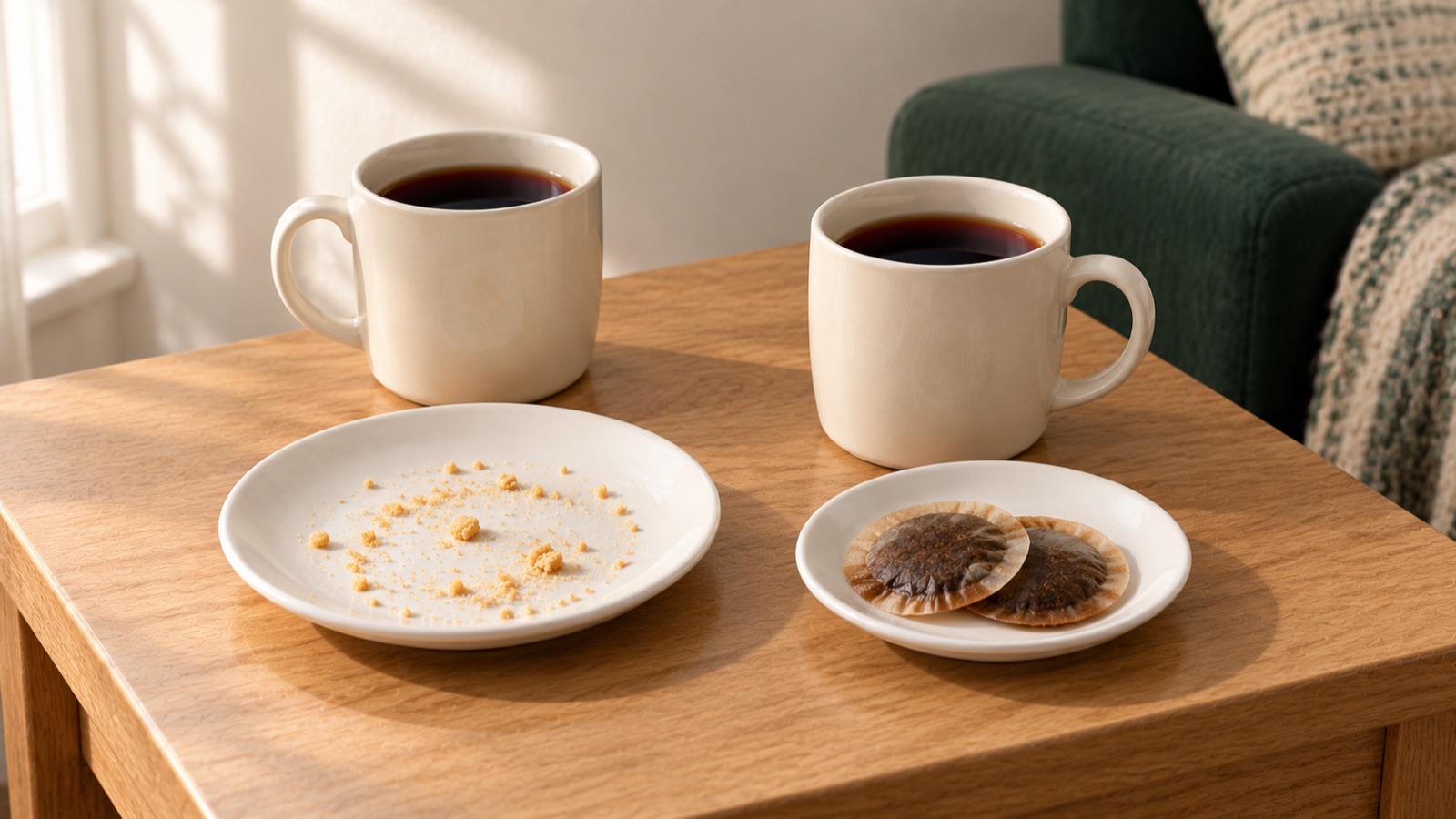 Two mugs of black tea on a living-room side table, beside a plate of crumbs and a saucer of used teabags.